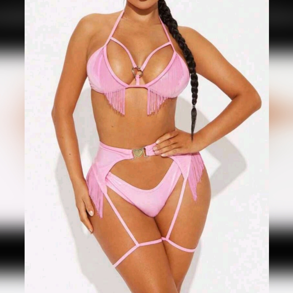 3pc Open Crotch Pink Fringe Cowgirl Costume With Thigh Garters (S)